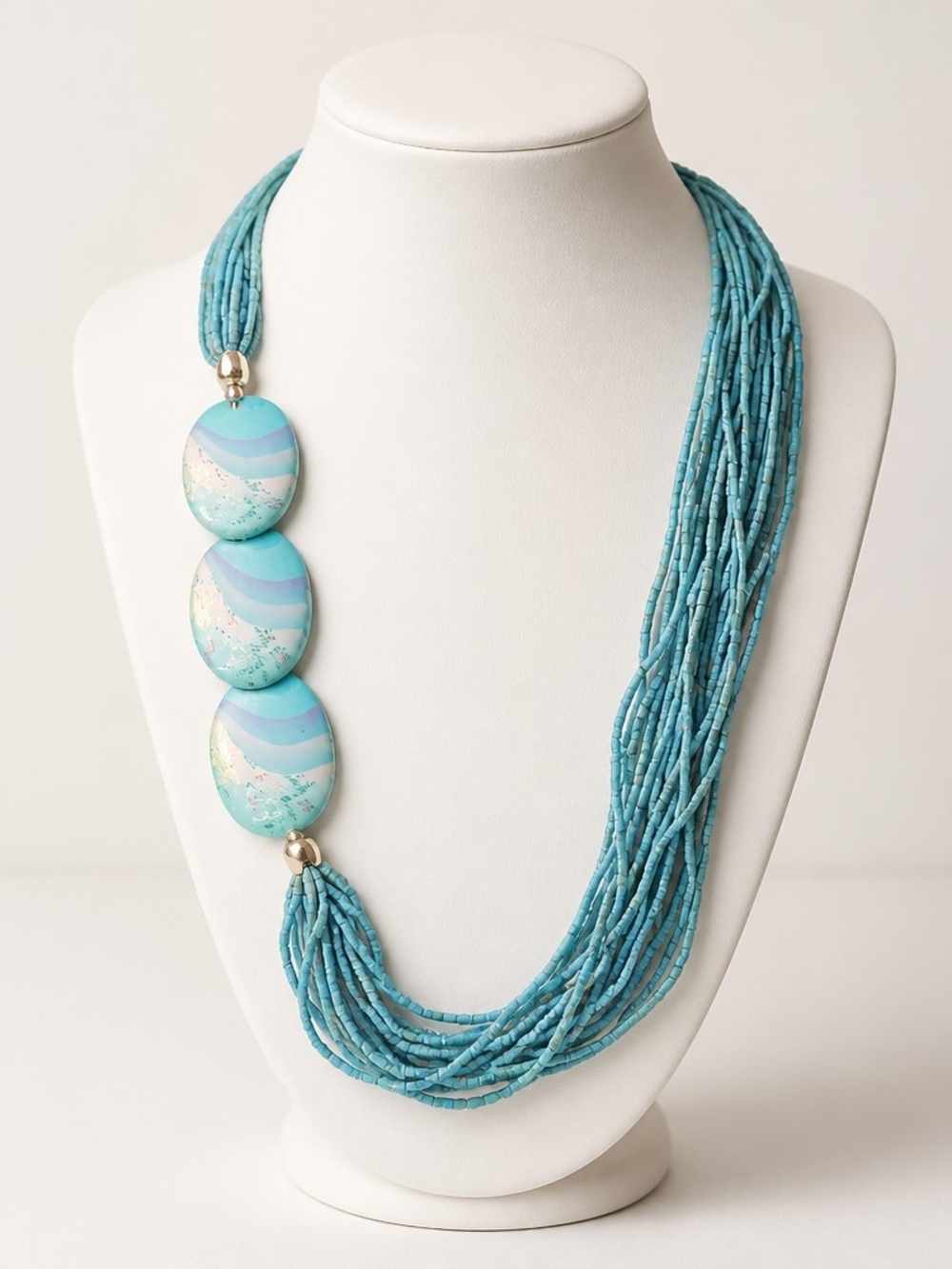 Turquoise Multi-Strand Beaded Necklace with Aqua Pendant Discs